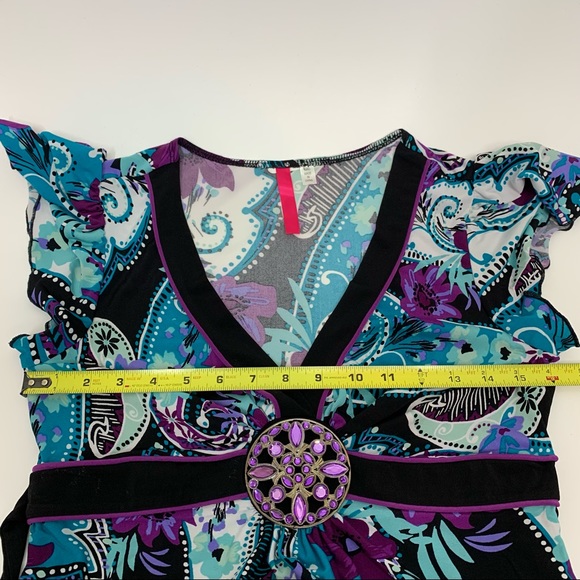 Rare Vintage Y2K Blue & Purple Paisley Floral V-Neck Dress Metal Jewel Waist - Picture 12 of 13